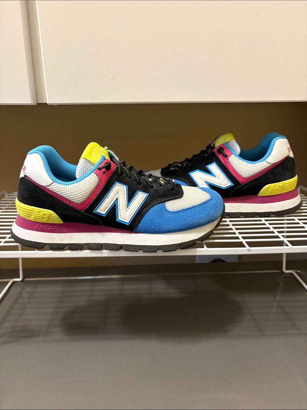 New Balance Colorblock 574 Sneakers in Blue, Black, Pink & Yellow
